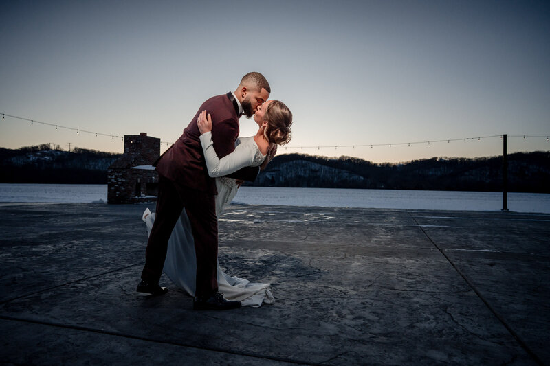 Bride and groom at silo point sunset snow