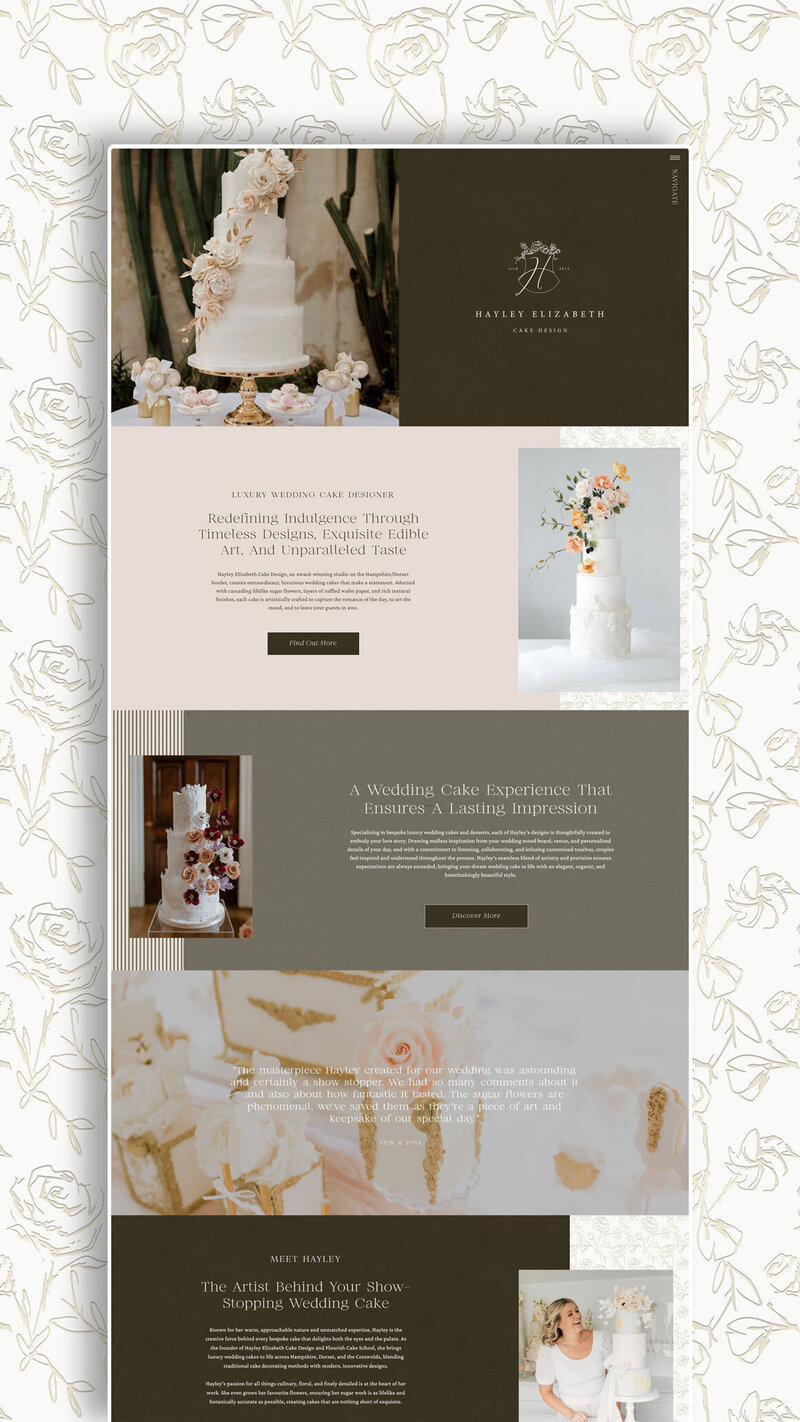 Full-length website mockup for Hayley Elizabeth Cake Design layered over a floral illustration