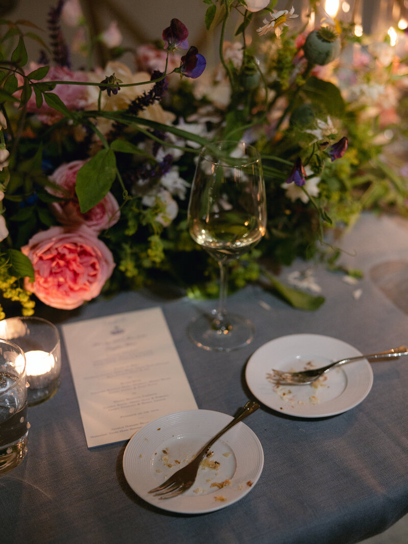 Empty dessert plates with cake crumbles