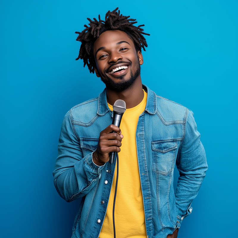 Smiling guest holding a microphone in front of a blue backdrop, recorded using MISGIF’s video testimonial photo booth designed for authentic brand stories and corporate event feedback in Phoenix, Arizona