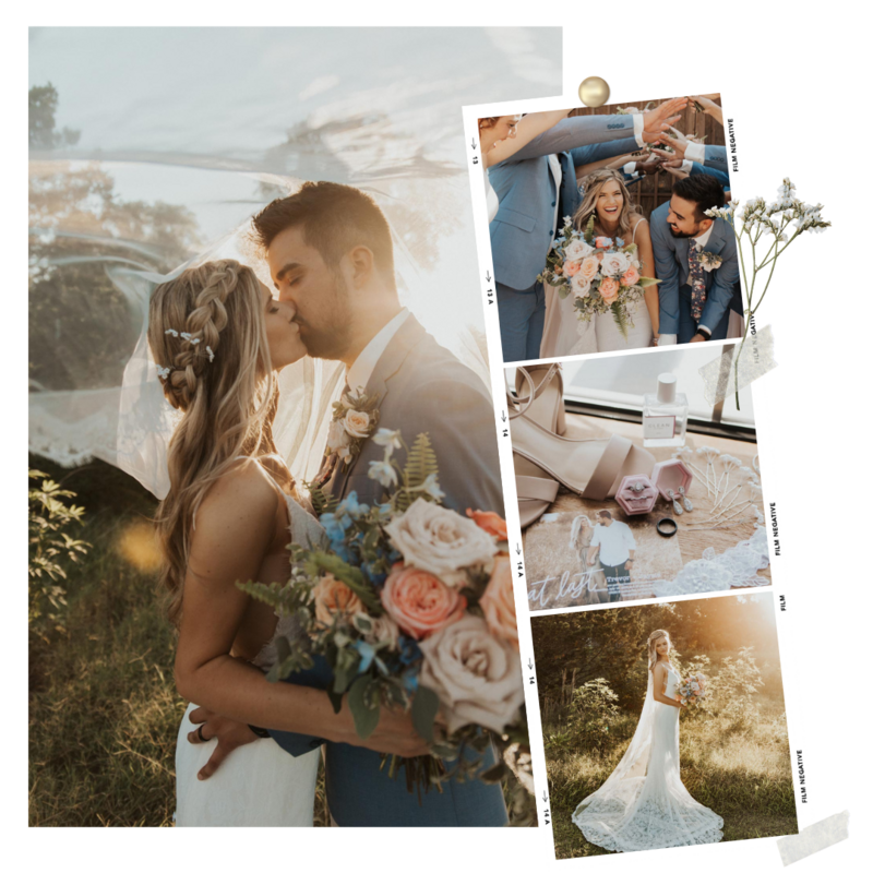 A collage imitating film; The left photos are the groom dipping the bride, the bridal party, and the bride and groom kissing. The right photo is the bride and groom smiling at each other, with greenery draped in front of them and the bride's bouquet positioned in front.