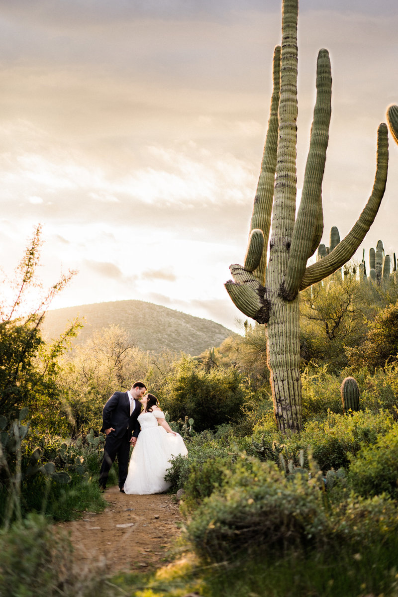 A beautiful desert wedding ending with a couple kissing with heart sparklers.