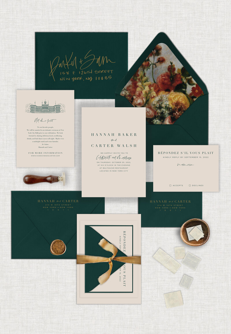 Inserts are digitally printed on heavyweight cardstock in Mist, Racing Green is used for mailing and rsvp envelopes, touches of French terminology, a unique venue sketching, and finished with a silk velvet mustard colored tie closure to finish the design.