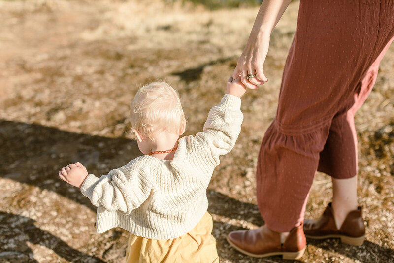A mom and toddler walking and holding hands, representing the family photography services by Among the Oaks. 