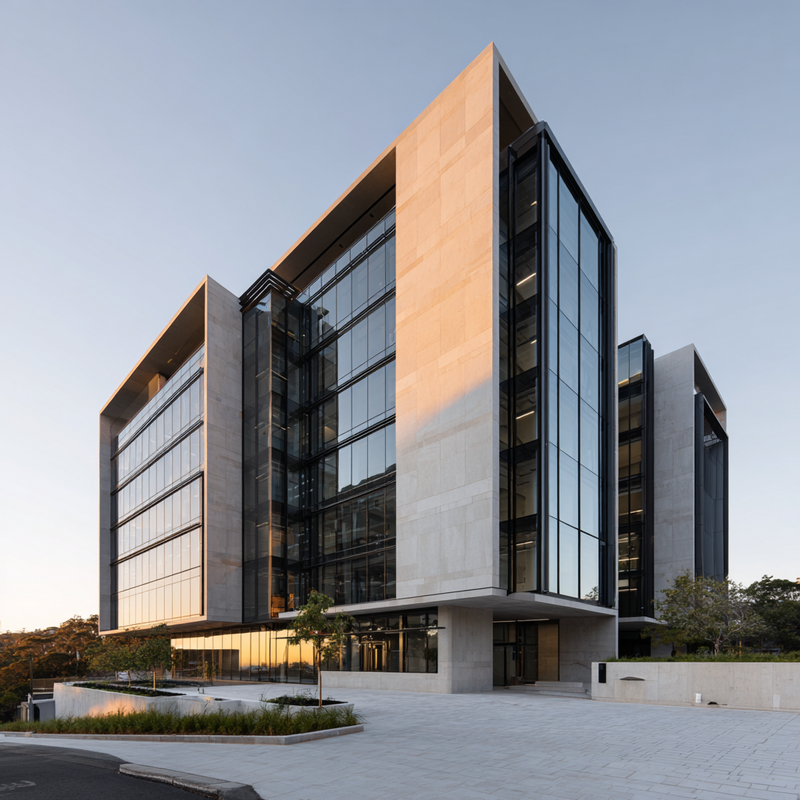 Modern multi-storey commercial office building in Sydney with glass facade and landscaped surroundings.