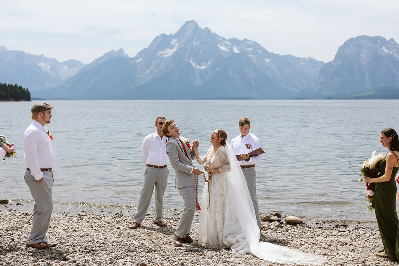A couple on the shore of Sawtooth Lake in Idaho after their elopement