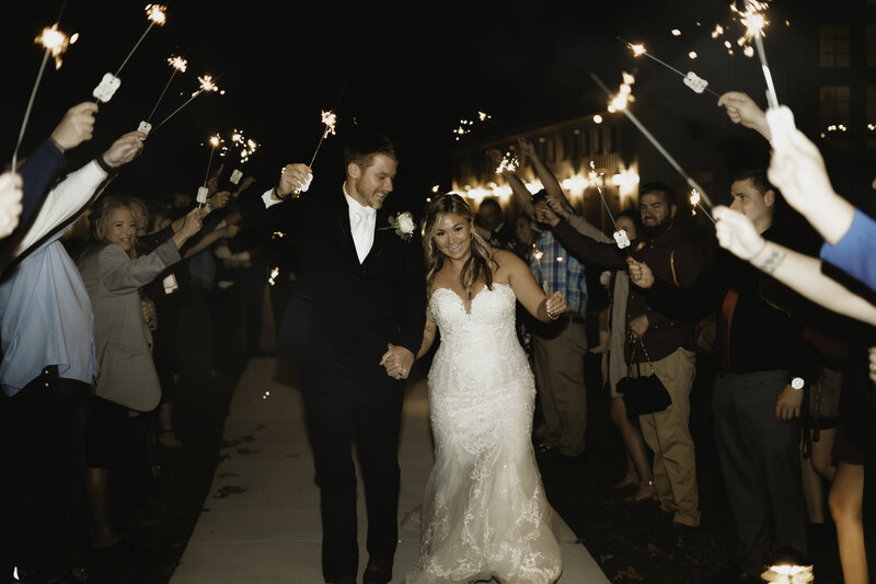 Bride and groom leaving with sparklers