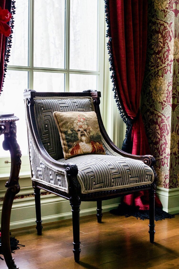 Toronto Interior Designer Vanessa Ferro. A traditional chair reimagined with new, geometric upholstery set in a decadent vignette of luxury interior design inspired by Traditional Toronto architecture.