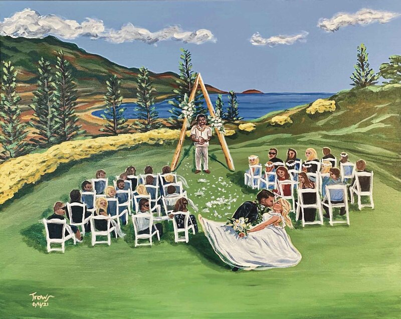 painting of bride being dipped and kissed by groom on green grassy lawn with ocean view in front of friends and family