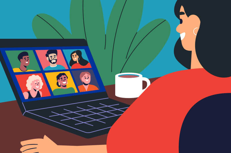 Illustration of a comedian taking an online comedy class with Ahmed Bharoocha