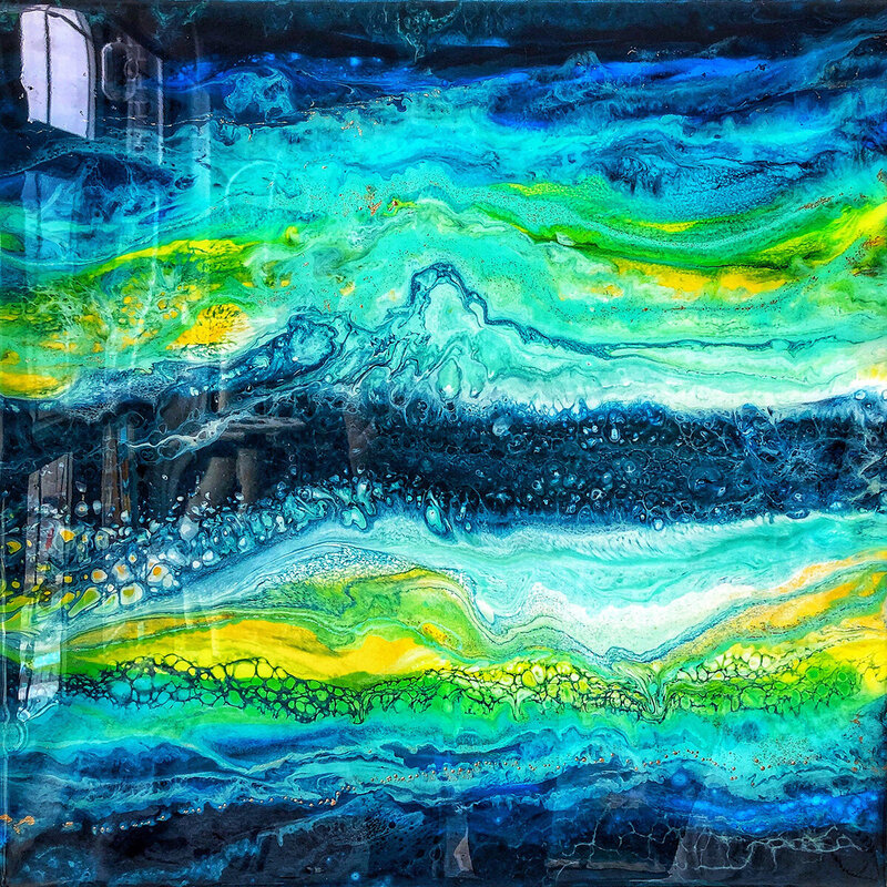 Collection of fluid art pieces featuring marbled textures and rich, swirling colors inspired by natural elements
