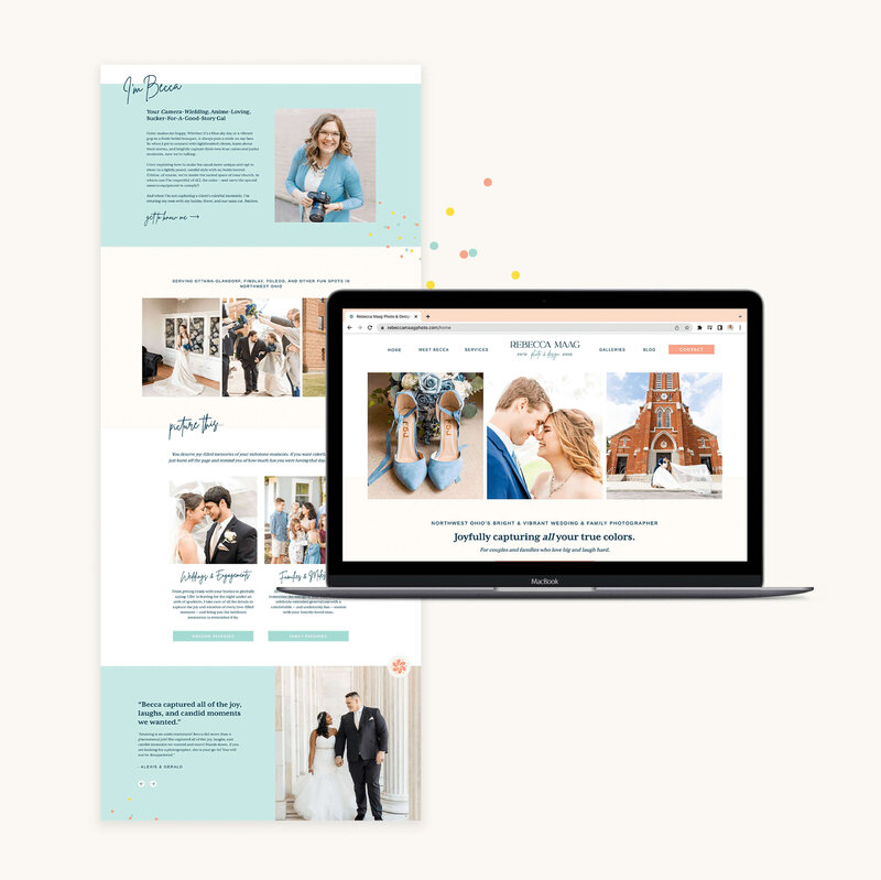 Website design mockup and screenshot for wedding photographer on neutral background
