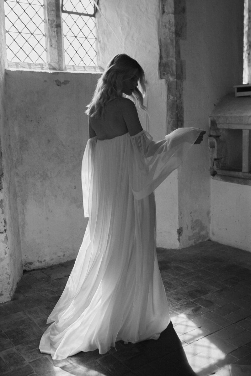 Benjamin Wheeler photography of bride wearing handmade long silk wedding dress