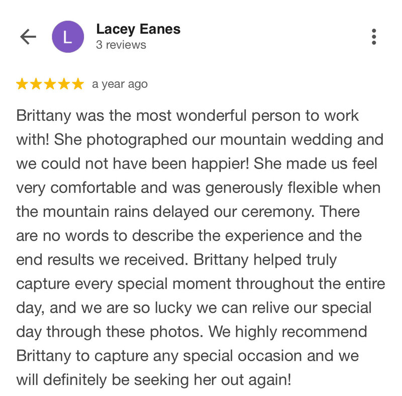 Lacey describing their good experience for their mountain wedding with Brittany Ann Photography.