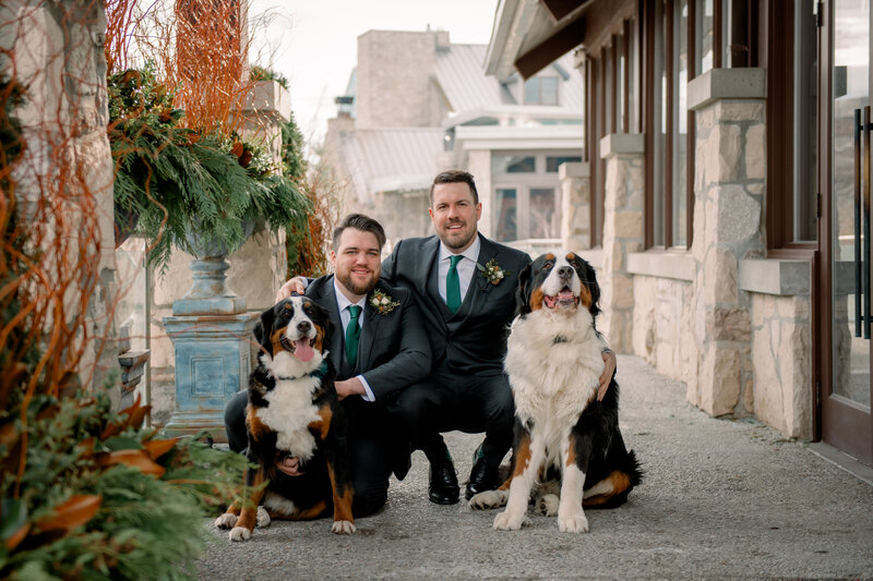 Couple posing on wedding day at Elora Mill
