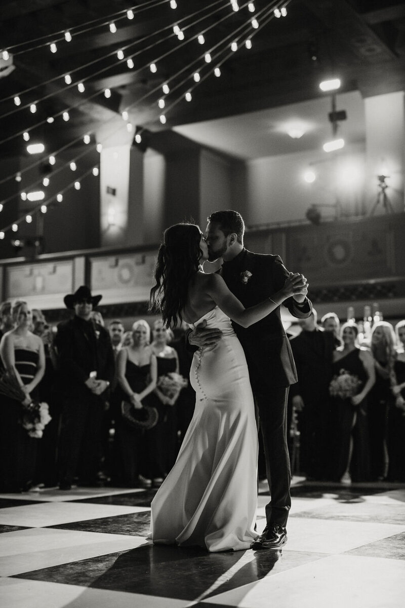 Bride and groom sharing their first dance during a romantic wedding reception in New York City, photographed by NYC wedding and elopement photographer Dom Augustine.
