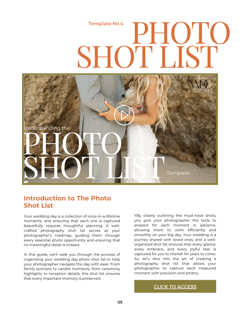 Photography Shot List Access Page
