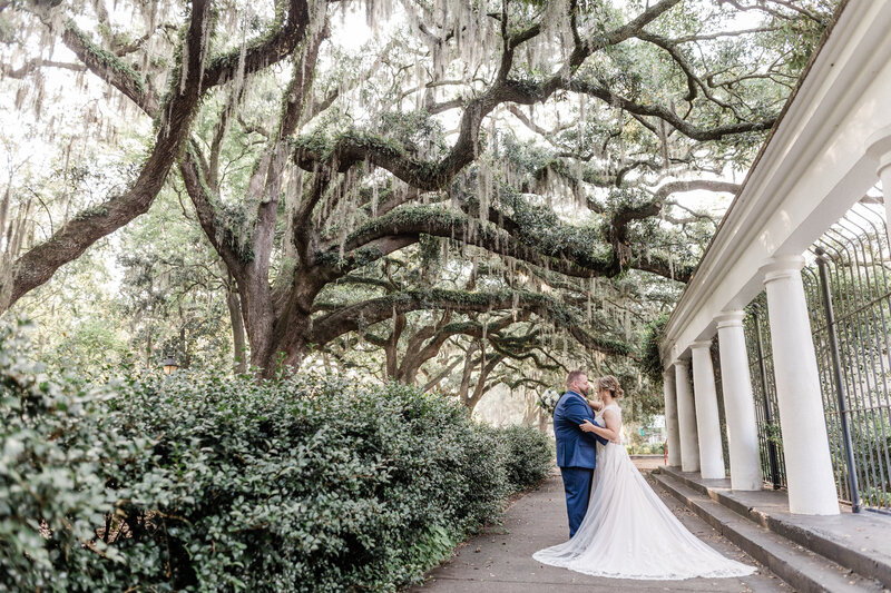 Bride and groom  in Forsyth Park with the Savannah Elopement Package