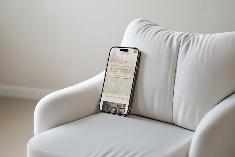 iPhone mockup displaying a mental health website interface with calming colors and user-friendly design.