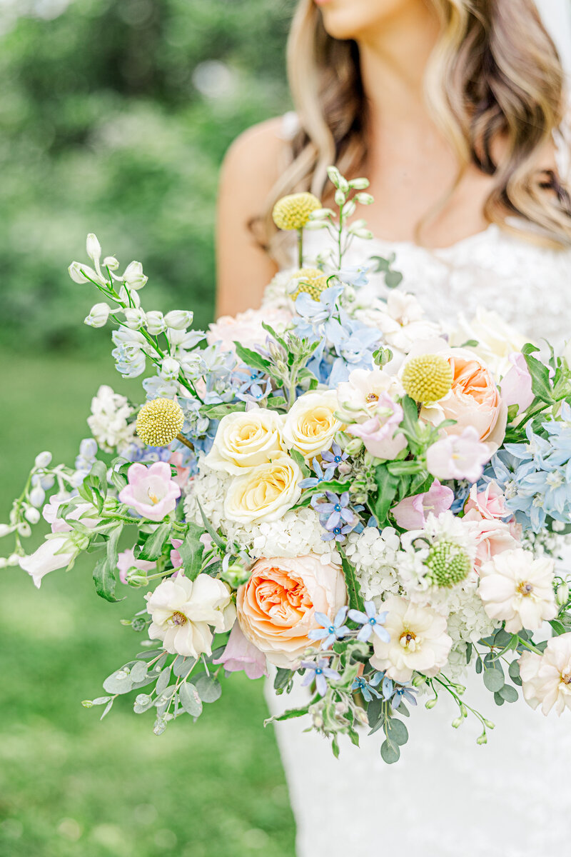 close up of a bride holding a flower bouquet