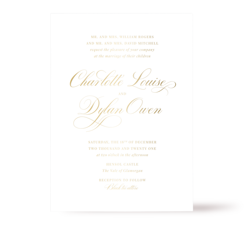 Classic and timeless gold foil wedding invitation.