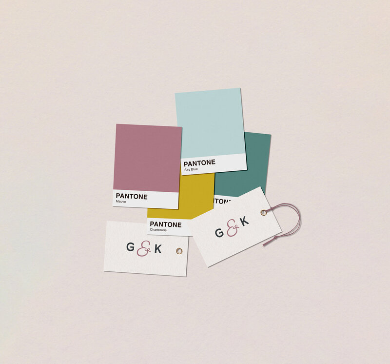 Pastel color swatches and logo design for gift bag brand with fun and modern brand identity