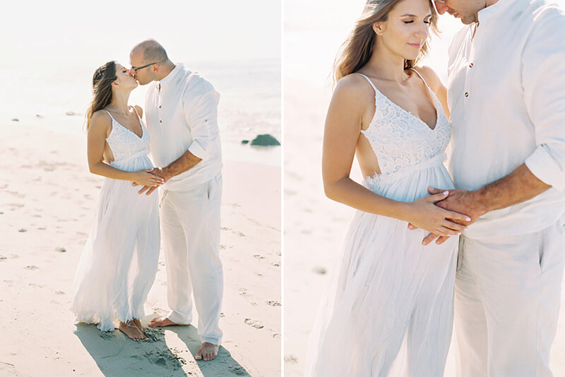 A couple kissing on the beach in Montecito during their maternity session by Daniele Rose Photography
