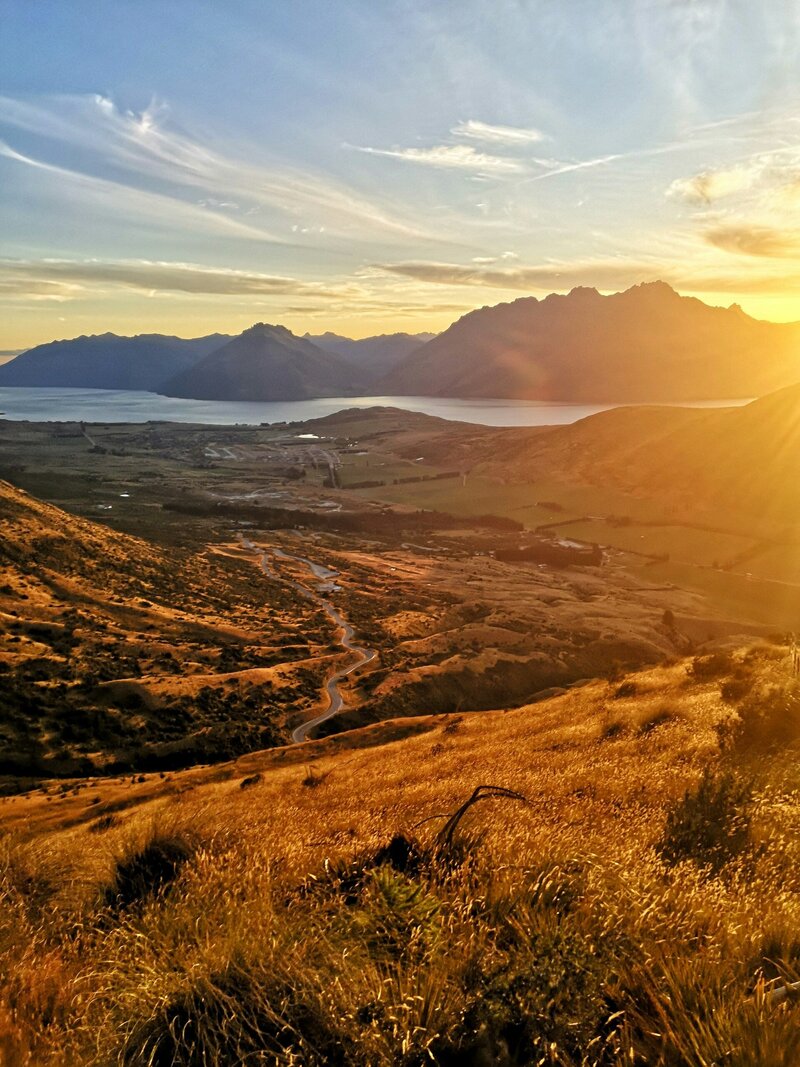 A view towards Lake Wakatipu with the sunset casting golden light over tussocky Queenstown hills.