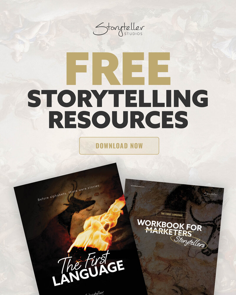 Promotional graphic for Storyteller Studios’ free storytelling resources. Features ‘The First Language’ eBook and ‘Workbook for Marketers,’ with a ‘Download Now’ button and branding elements.