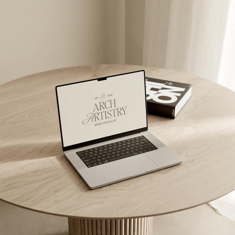 laptop sitting on an aesthetic table with beauty branding