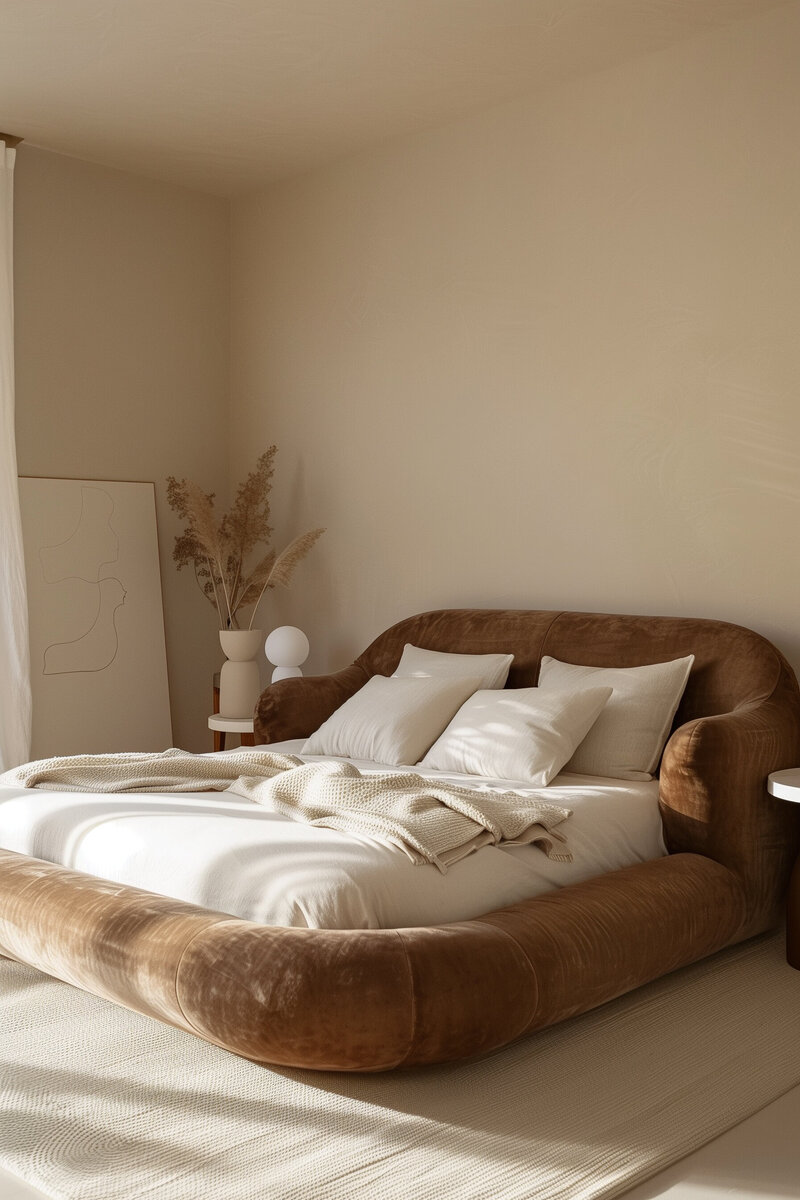 Neutral-toned bedroom with white pillows, throw blanket, and bedside lamp in Montgomery House aparthotel suite