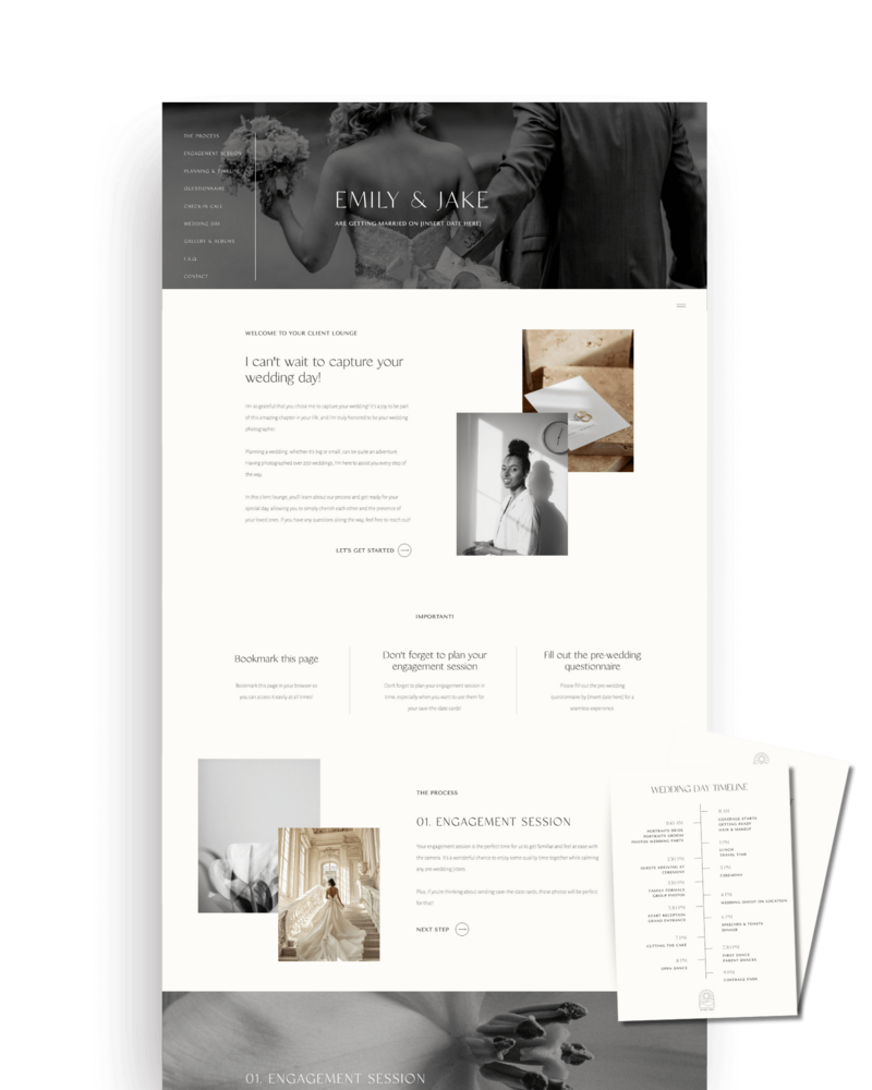 Showit Wedding Client Lounge template for wedding photographers