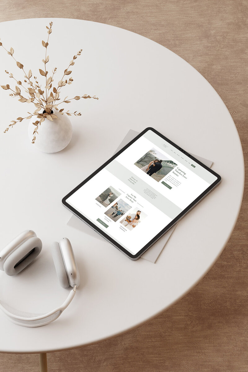 picture of ipad sitting on a table with abigail lynn showit website template on the screen