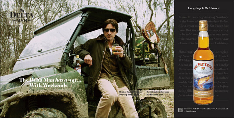 Branding Photography Steve Azar Fat Trout Whiskey The Delta Man sitting on all terrain vehicle holding whisky glass