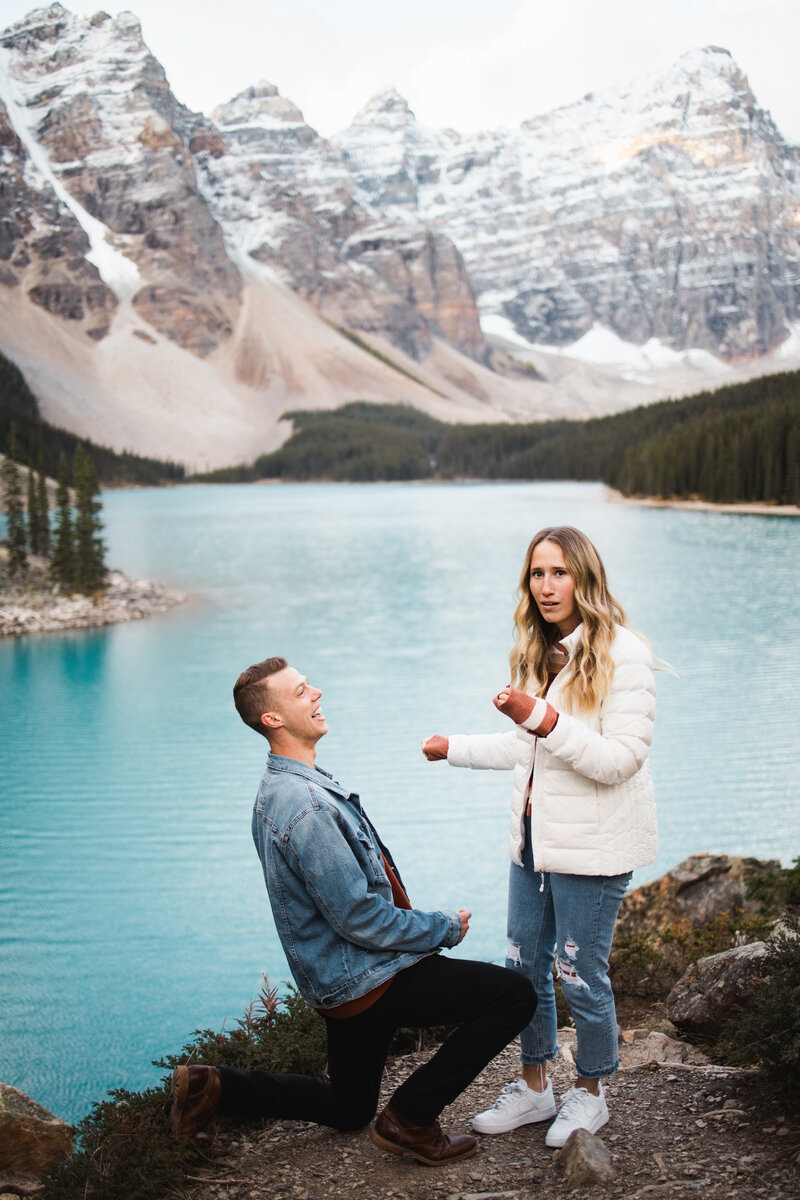 moraine lake surprise proposal captured by banff photographer