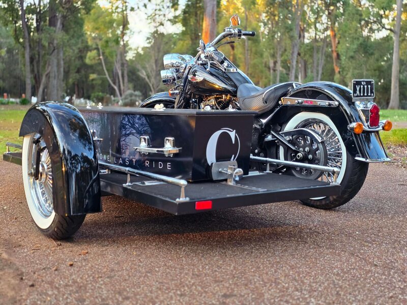 Harley Davidson motorcycle hearse in Western Australia, delivering a unique and respectful funeral service.