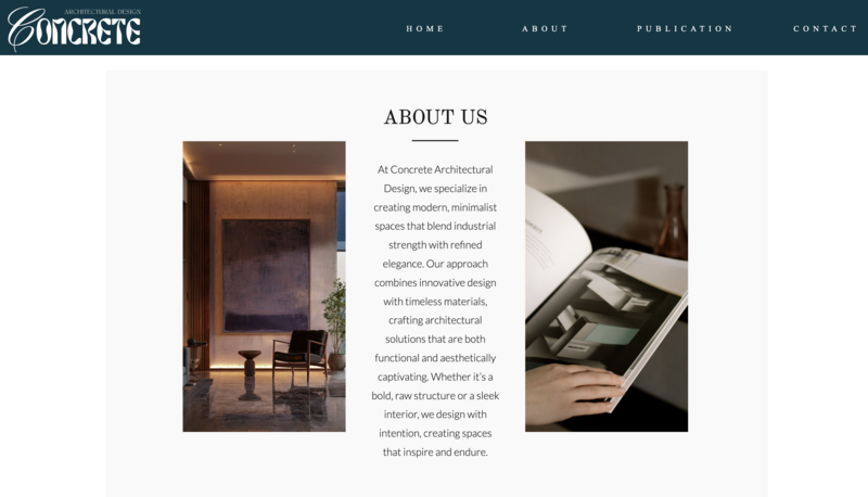 Portfolio page sample for Concrete Architectural Design, highlighting modern design with geometric shapes and sleek navigation.