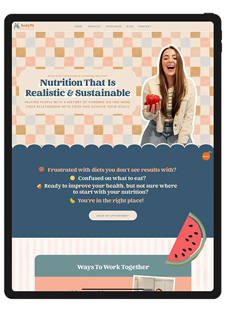 Website design template for a nutritionist, featuring a clean layout and vibrant food imagery.