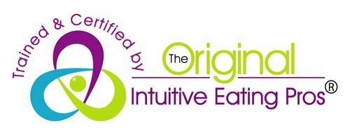 Trained and certified by the Original Intuitive Eating pros Evelyn Tribole and Elyse Resch. It is the Intuitive Eating logo in white, purple, green, and blue.