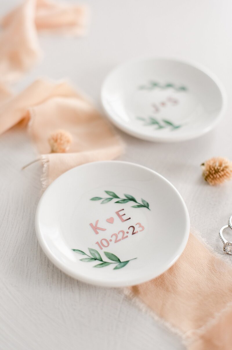 wedding ring dishes styled with silk ribbon