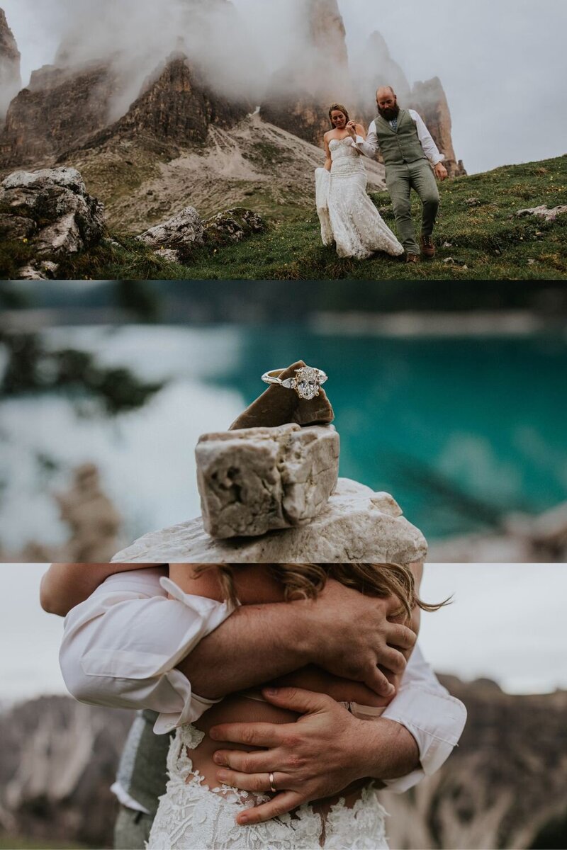 A collage of images; image one is a couple walking down the Tre Cime trail during their elopement; image two is a wedding ring on top of white Dolomite stone; image three is a close up of a man's hands wrapped around his wife's back