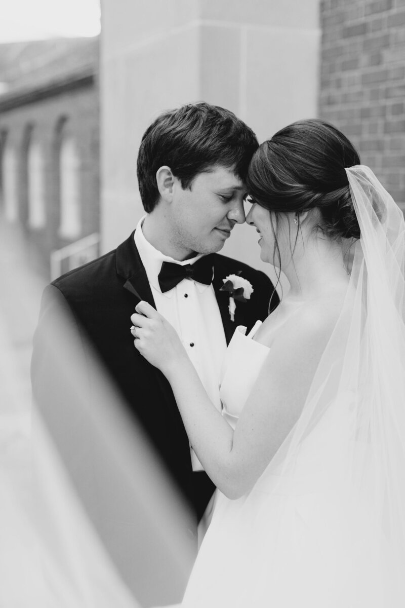 Bride and groom walk up memorial steps at their DC wedding