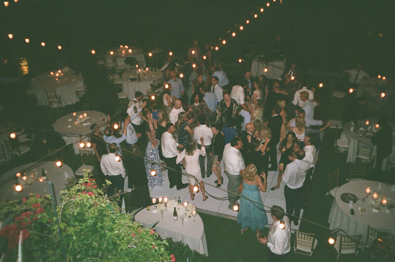 overhead view of guests dancing at a wedding
