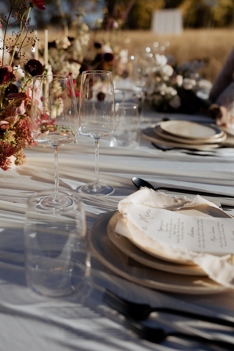 Decor at a outdoor wedding reception.