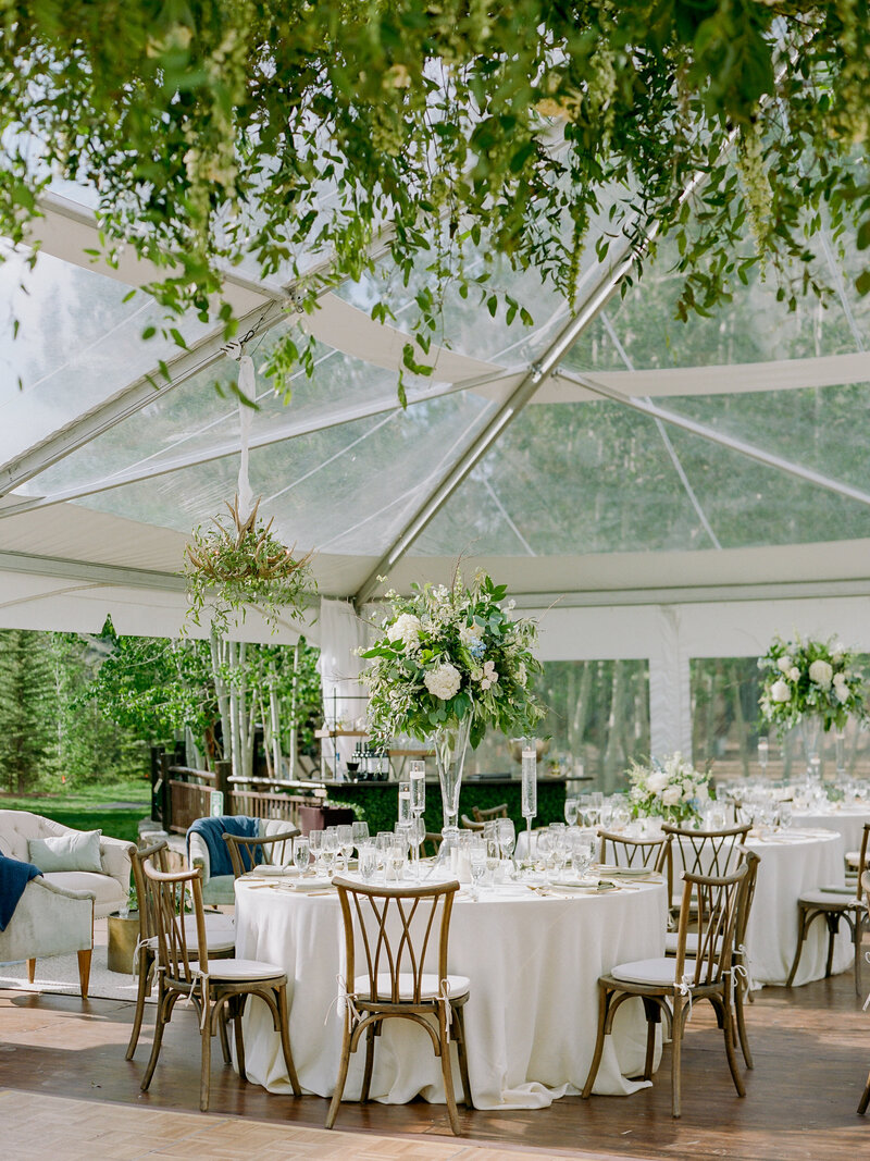 Clear tented wedding reception set up. There is follaige hanging from the ceiling, tall foliage filled bouquets centre the tables, which are draped with white linen table clothes, and surrounded by wooden chairs.