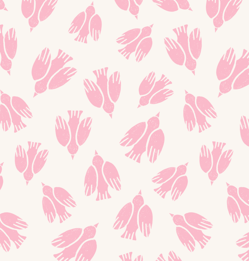 Pattern of pink colored block print birds flying on a pale vanilla cream background