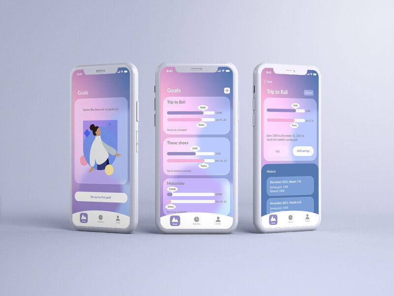 three vertical mobile mockups next to each other showing a financial app for women