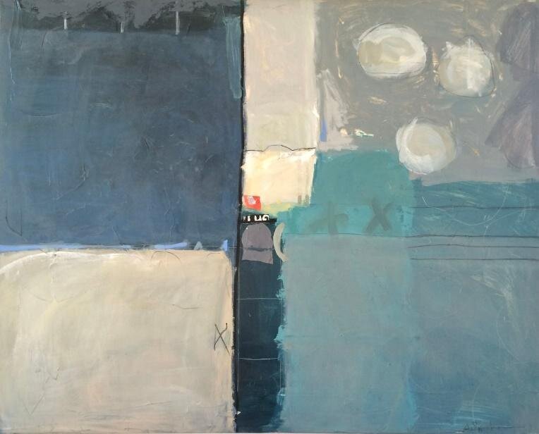 Abstract painting with blocks of shades of blue and taupe