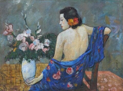 Lady in blue dress femme de dos au vêtement bleu by Pan Yuliang