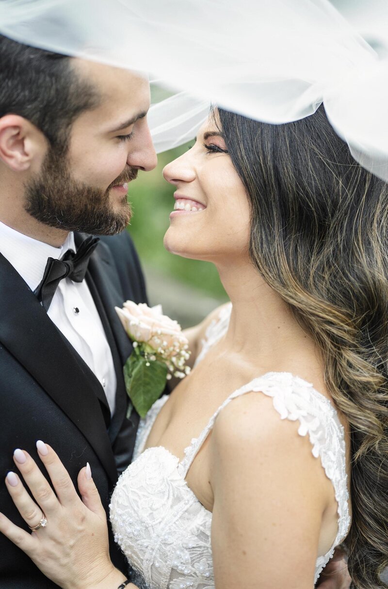 Bride and groom under veil